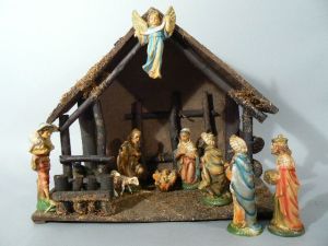 A typical nativity creche that you can get through your Christian bookstore.... replete with Joseph, Mary, the baby Jesus, a shepherd and the "Three Kings of Orient are," much like the one I grew up with. Historically accurate? Maybe not.