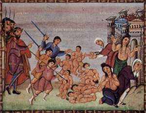 10th century image of the "Massacre of Innocents" from Matthew 2:16-18. Liberal critics suggest that the incident is fictional, used for theological purposes only, considering no source outside of Matthew mentions it. However, many evangelical scholars argue that popular depictions of hundreds of infants being murdered are way overblown. Bethlehem was a small town, not big enough to have a Walmart. Though still tragic, estimates are that no more than a dozen or two infants were killed, a minor event in a violent age that may not have received secular notice.