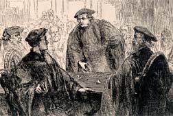 Martin Luther draws the line in chalk against Huldrich Zwingli in their disputation at the Castle of Marburg. The conflict between Luther and Zwingli split the Protestant Reformation into different "Lutheran" and "Reformed" movements.