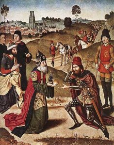 Abraham meets the Priestly-King Melchizadek. Dieric Bouts (1464-1467), The Church of Saint Peter, Leuven, Belgium.