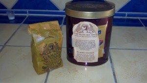 Turn the can around, there is the label. Look inside. There is the bag of dry mustard. Mystery solved!!