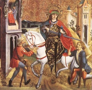 Martin of Tours cutting his cloak in half to give to a poor man. Herein lies the story of the term "the Chapel."