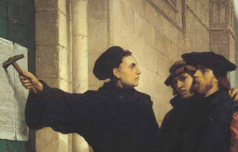 Martin Luther nails his Ninety-Five Theses to the Wittenberg church door. Most people associate October 31st with Halloween, but students of church history know this as "Reformation Day"