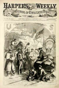 Thomas Nash original 1863 print of Santa Claus visiting a Civil War camp for the Union army, on the front of Harper's Weekly. 