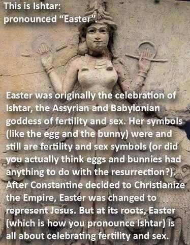 A few years ago, this image linking the celebration of Easter with the goddess Ishtar made its rounds on the Internet on various atheistic websites. Is there any truth to such claims? In short, this is complete nonsense. But sadly, some Christians propagate these ideas, too.