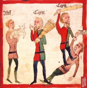 Talk about a dysfunctional family! Cain and Abel, 15th-century by unknown German artist, from Speculum Humanae Salvationis