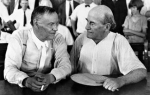 20th century cultural icons: cigarette smoking, agnostic advocate for science, Clarence Darrow vs. defender of the Bible, anti-evolutionist, populist politician, William Jennings Bryan, in the heat of a Tennessee summer.