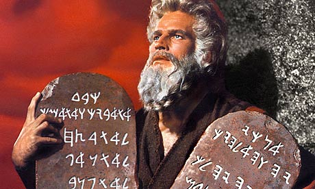 Cecil B. DeMille's Moses, whom we know from the classic film as Charlton Heston, brings back the Ten Commandments, after his ascent up Mount Sinai, a theme recalled by the Apostle Paul in Romans 10.