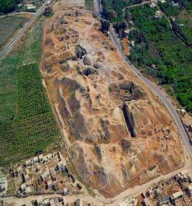 The ruins of ancient Jericho, scarred by over a hundred years of archaeological digs, as seen from the air.
