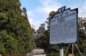 Historic landmark sign for the Adam Thoroughgood House... with the wrong date on it for when the house was built.