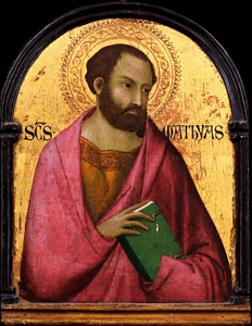 Saint Matthias replaced Judas Iscariot among the original 12 apostles, following Judas' death, as described in Acts 1. The Bible tells us nothing more about Matthias, but one tradition says that he founded the first Christian community along the Caspian Sea (credit: Simone Martini, Wikipedia)